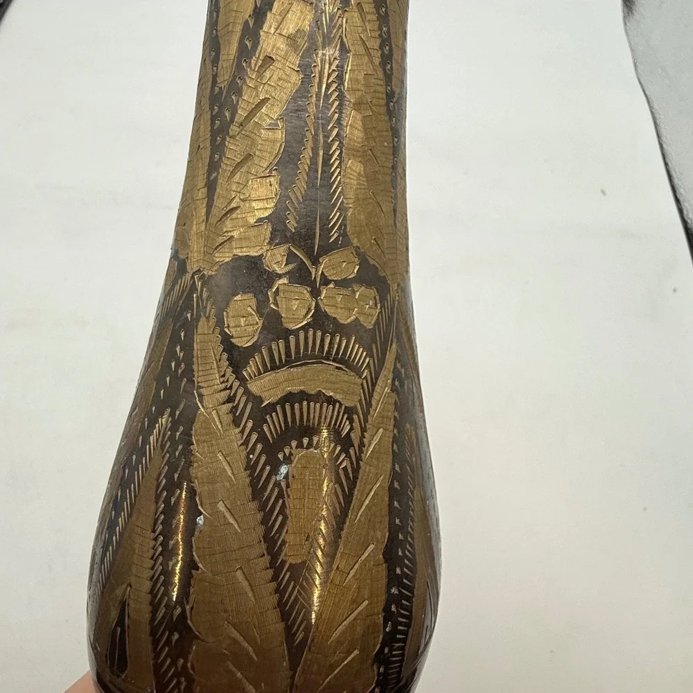 VTG Hand Etched‎ Brass Bud Vase Indian Floral Design Bronze Gold